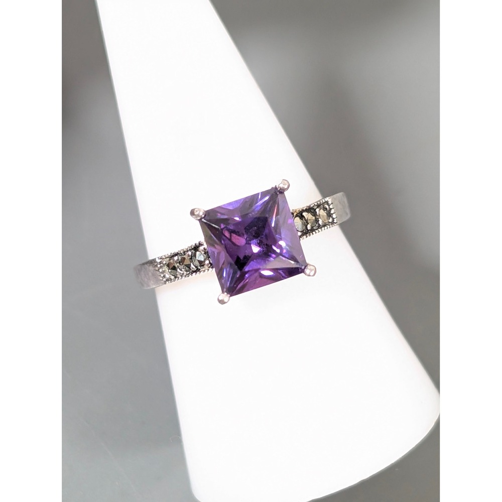 Sterling Silver 925 Purple CZ Marcasite Square Ring Size 8.5 Vintage Style